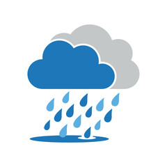 Stylized illustration of a blue cloud raining into a puddle, with a grey cloud in the background, depicting a rainy weather forecast.