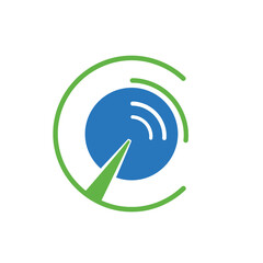 A stylized logo featuring a blue circle with a green pointer and signal waves, enclosed by an incomplete green 'C' shape.