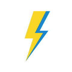 A vibrant yellow lightning bolt with a blue shadow or outline, symbolizing speed, power, and electricity, isolated on a white background.