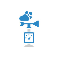 A blue and grey icon depicting a weather station with an anemometer, a gauge, and a cloud.