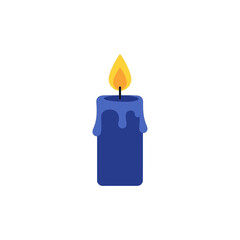 A simple flat vector illustration of a burning blue candle with melting wax on a white background.