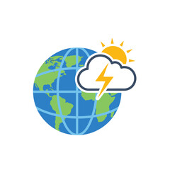 Global weather forecast and climate change icon with earth, sun, cloud, and lightning bolt.
