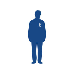 A blue silhouette of a man standing with a white awareness ribbon on his chest, symbolizing support.