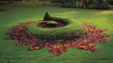 Green Grass Labyrinth with Autumn Leaves in a Lush Field Sunlit Outdoor Scenery Featuring Red and Orange Foliage Creating an Ornamental Garden Design