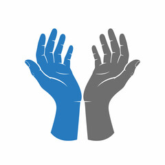 Two hands, one blue and one grey, reaching upwards in a symbolic gesture.