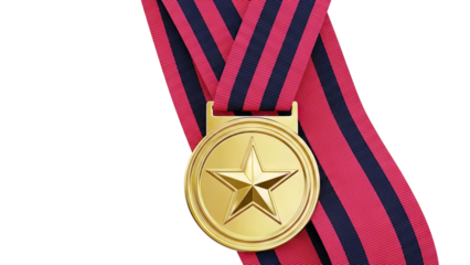 Gold medal with star on red and black striped ribbon