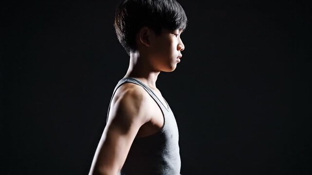 Cinematic slow motion profile of a teenage boy standing in a medical anatomical position lateral side view showing posture and growth during childhood development captured in 4K resolution