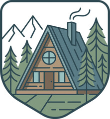 A-frame cabin badge illustration mountain forest retreat wooden triangle house outdoor adventure emblem flat vector design