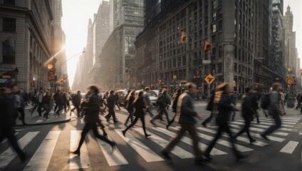 Obraz premium Busy city street scene at sunrise. Crowded pedestrian crosswalk with blurred motion
