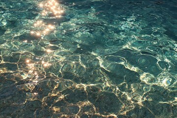 Shimmering Turquoise Water Surface with Sun Reflections Creating a Play of Light and Shadow on Gentle Ripples in a Serene Outdoor Setting