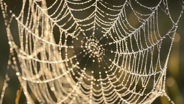 Close up of a dew covered spider web glistening in the morning sun.