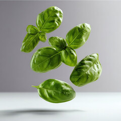 Obraz premium Fresh basil leaves floating above white surface, vibrant green color, isolated, minimal background, healthy ingredient