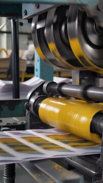 Industrial printing press machine in factory producing yellow and black labels on white background