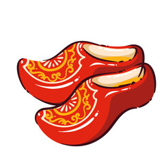Traditional Dutch wooden clogs in red color with ornamental painting, classic Netherlands footwear symbol, folk costume element, cultural travel souvenir, cartoon vector illustration.