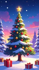 Animated image of a decorated Christmas tree with gifts in a snowy landscape, a star on top, and a colorful dusk sky