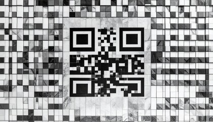 QR code embedded in mosaic of black, white, and gray tiles, blending digital function with artistic design.
