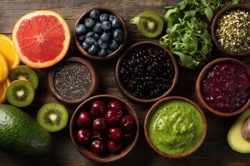 Overhead Shot Assorted Fruits And Seeds Arranged in Wooden Bowls On Wood Table With Orange Slices Kiwi Fruit Grapefruit and Green Vegetables