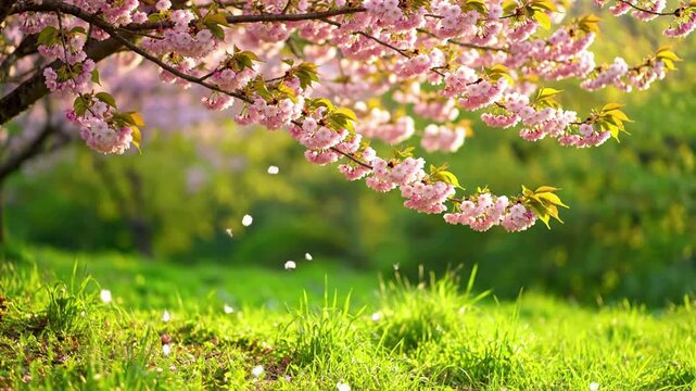 Spring Branch Details An intricate macro or close-up view of a single cherry blossom branch, highlighting the texture of the bark, the nascent green leaves, and the pristine perfection of the
