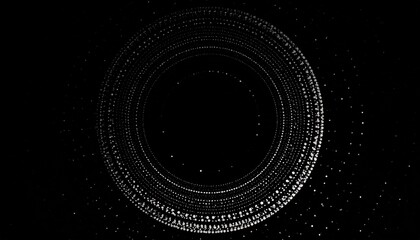 Symmetrical circular mandala of geometric rings and dots on dark background, evoking precision and depth.