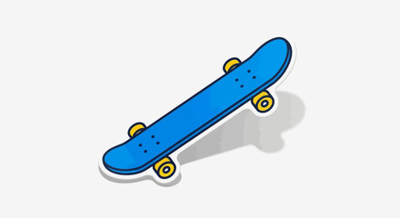 Stylized cartoon skateboard illustration with vibrant blue deck and yellow wheels