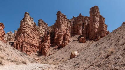 Red Rock Hoodoos Against a Clear Blue Sky in a Barren Landscape Sandstone Formations with Layered Texture and Rocky Terrain in Utah State Under Bright Sunlight