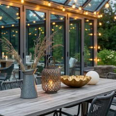 Cozy outdoor dining table set for evening relaxation with string lights, lanterns, and decorative elements, creating a warm and inviting ambiance