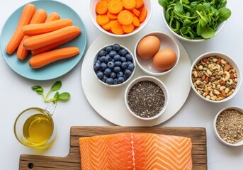 Overhead view of healthy food ingredients including salmon, blueberries, carrots, eggs, chia seeds, nuts, and olive oil on a white background