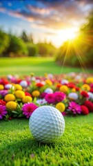 A golf ball gently rolling on a lush green lawn with newly cut grass and vibrant flowers in the background