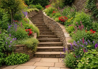 Obraz premium Stone steps winding through a lush, vibrant garden filled with colorful flowers and greenery