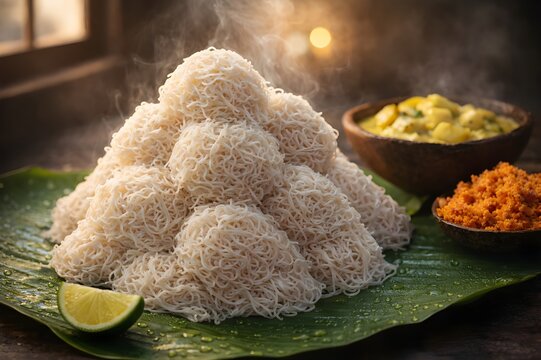 Traditional Sri Lankan Red String Hoppers Breakfast on Banana Leaf