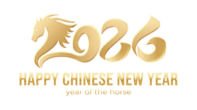 Vector illustration gold calligraphy text : Happy Chinese New Year 2026 greeting card, Lunar and spring festival celebration, Year of the fire horse, logo design, luck prosperity symbol concept