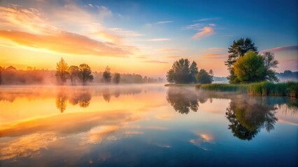 Fototapeta premium Serene mist rising over a tranquil lake at dawn