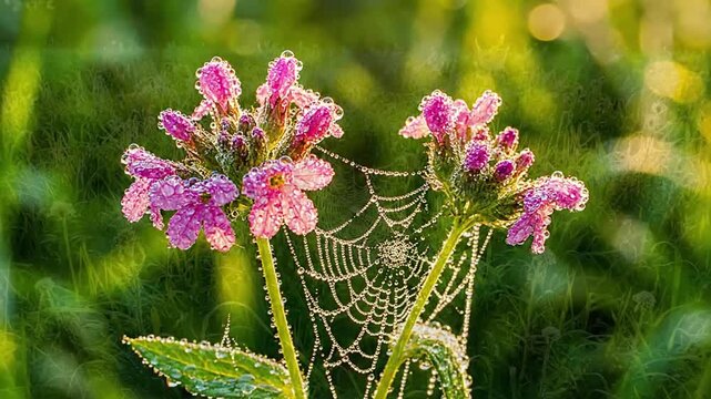 Spiderweb Morning Jewels Detailed shot of a spiderweb intricately woven between plants, each strand studded with tiny, sparkling dewdrops, backlit by the rising sun.
