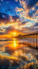 Fototapeta premium Dramatic sunrise over ocean with fishing pier at Myrtle Beach