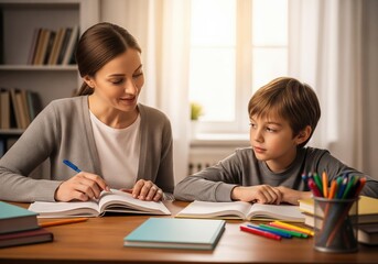 Fototapeta premium Supportive tutor helps young boy with homework, fostering a positive learning environment