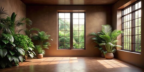 A dimly lit empty room with a brown gradient background
