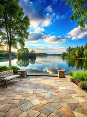 Relaxing stone patio with a serene lake background