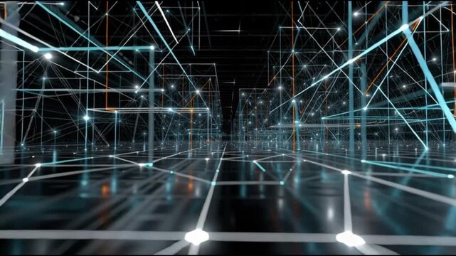 Digital virus simulation. Cyber visualization. Networked visualization. Virtual modeling. Futuristic digital landscape with glowing lines and reflections