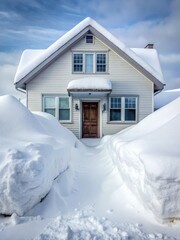 A snow-covered house with a large pile of snow at its doorstep