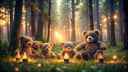 Softly glowing teddy bears in a forest scene at dusk