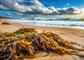Detailed close-up of large seaweed strands washed up on sandy beach after stormy weather