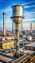 A large water tower stands alone in a vast industrial area surrounded by rows of factories with smokestacks and machinery