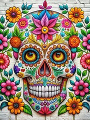 Vibrant colorful sugar skull mural on a white wall with bold flowers and intricate details