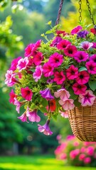 Vibrant pink petunias overflowing from a hanging basket in a lush summer garden filled with greenery