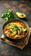 Steaming bowl of chicken tortilla soup with creamy avocado and fresh cilantro garnish on a dark stone table