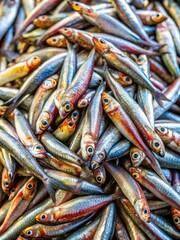 Traditional Mediterranean fish market display featuring a colorful heap of small anchovy fish