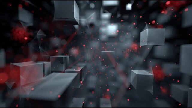 Digital virus simulation. Cyber visualization. Networked visualization. Virtual modeling. Abstract visualization of red particles among gray blocks.