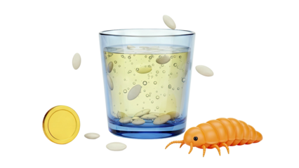 Glass of liquid with seeds, a coin, and a cartoon caterpillar
