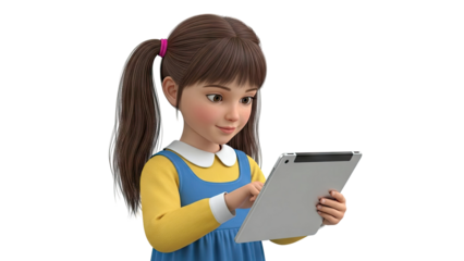 Cartoon Girl with Pigtails Using a Tablet