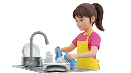 Girl washing dishes at sink with apron